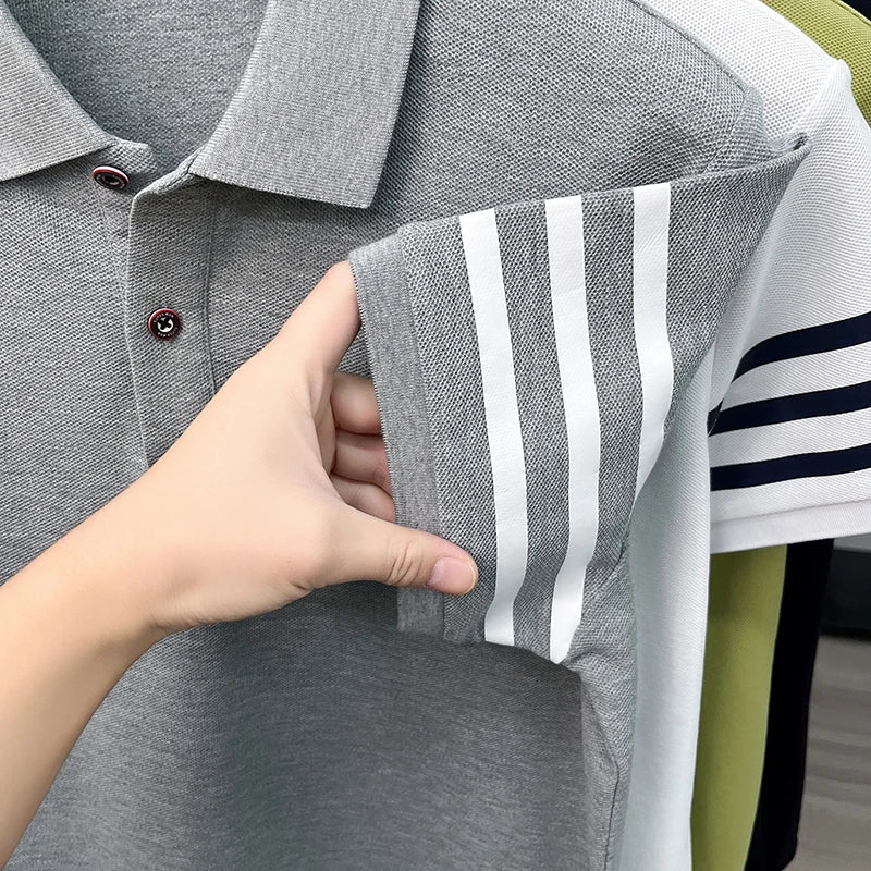 luxury brand men's high quality short sleeves polo shirt lapel embroidery puppy cuff stripe t-shirt business leisure men's wear