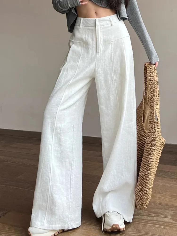 Summer White Pants For Women Cotton Formal High Waist Wide Leg Trousers Ladies Elegant Summer Women's Pants Straight Leg Office