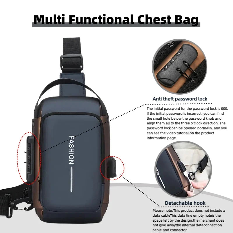 Durable Oxford Fabric Men's Sling Bag - Stylish Motorcycle Crossbody Chest Pack with Phone Pocket, Zip Closure for Daily Commute