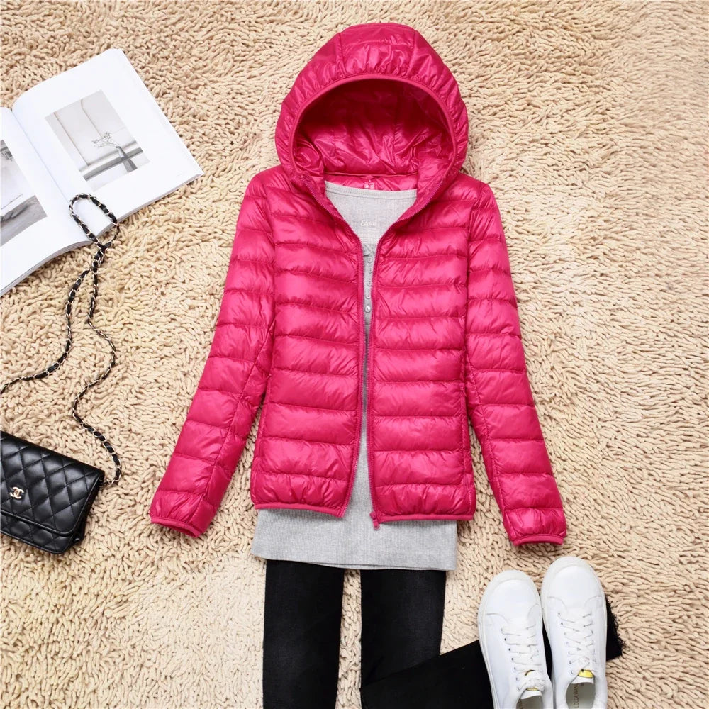 Women Puffer Jacket 2024 New Spring Autumn Female Ultra Light Weight Packable Hooded Down Coats Winter Inner Dock Down Coat