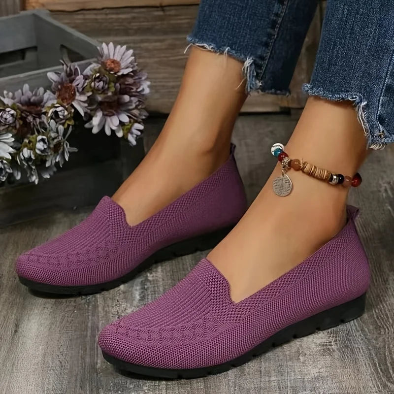 Women's Solid Color Knit Loafers Lightweight Anti Slip Flat Shoes for Casual Wear