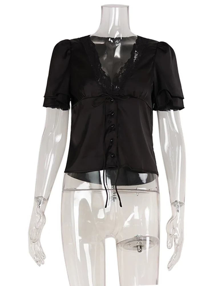 Ahagaga Causal Women Tops Solid Lace -Neck Short Sleeves Satin Slim Button Regular Eelgant Streetwear Tees Female Basic T Shirts