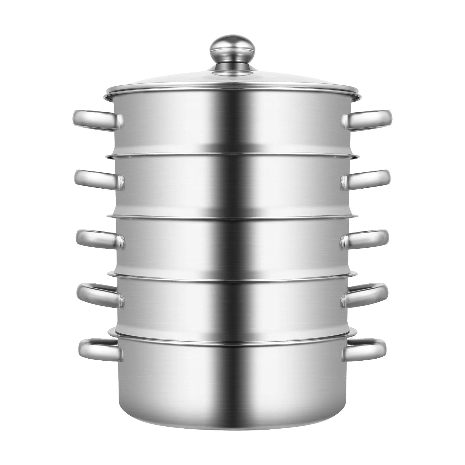 5-Layer Steamer 26cm/28cm/30cm Steam Cooker 304 Food-Grade Stainless Steel 4 Steaming Grids and 1 Cooking Pot W/ Glass Lid