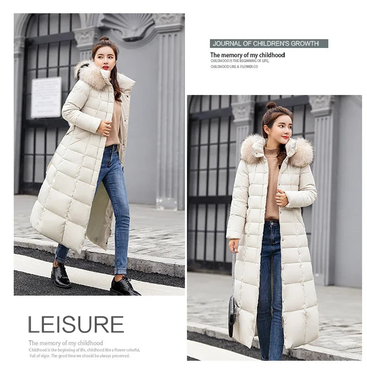 Long Down Cotton Parkas Coat Female New Winter Over Knee Loose Large Fur Collar Hooded Warm Thick Parkas Women  Padded Overcoat