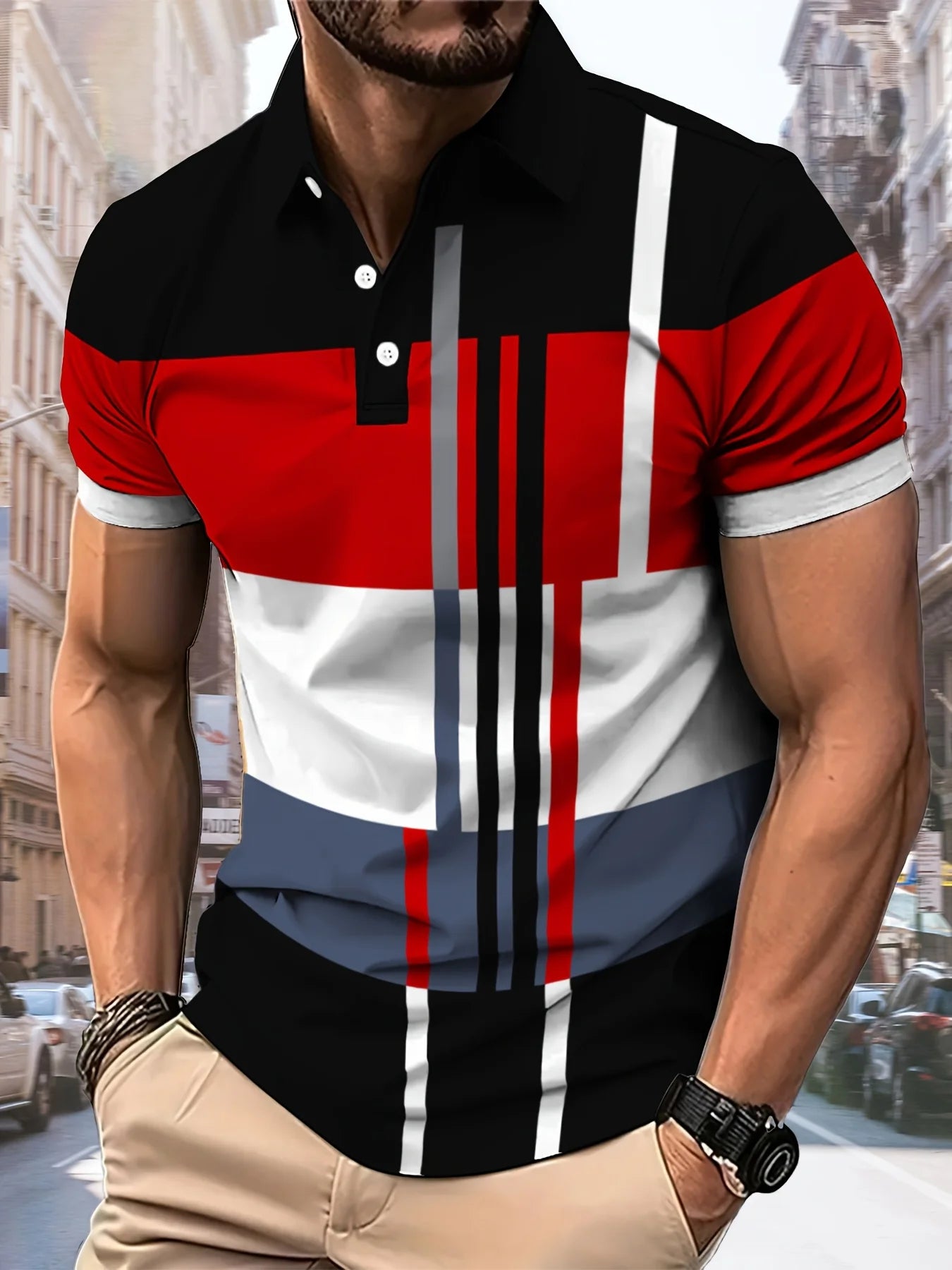 The 2025 summer new men's POLO shirt features a casual fashionable comfortable and breathable 3D striped pattern print