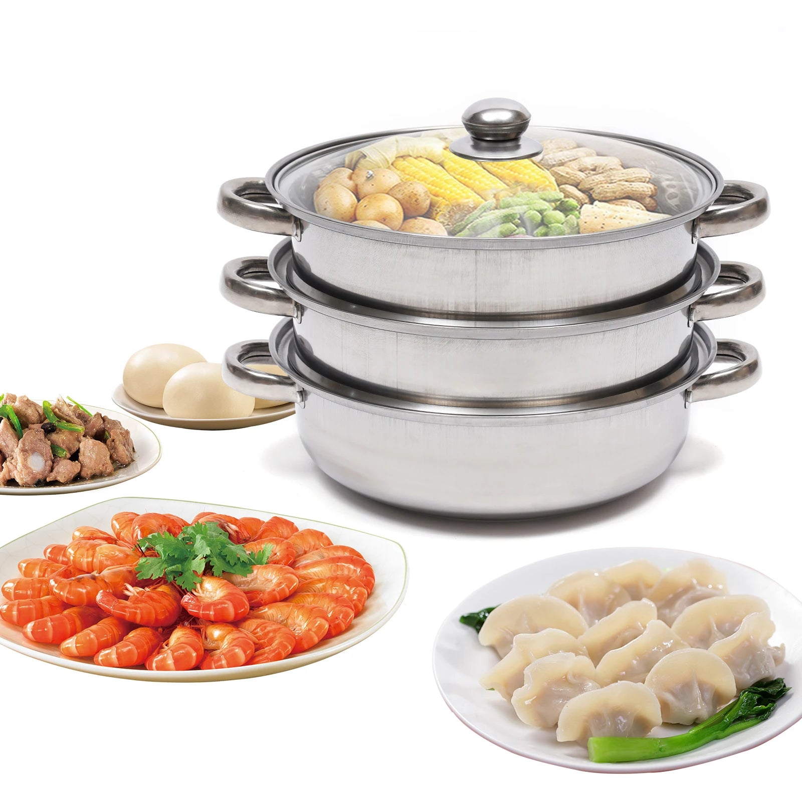 28CM Multi-Function 3 Tier Cook Food Veg Pot Large Stainless Steel Steam Cooker Steamer Kitchen