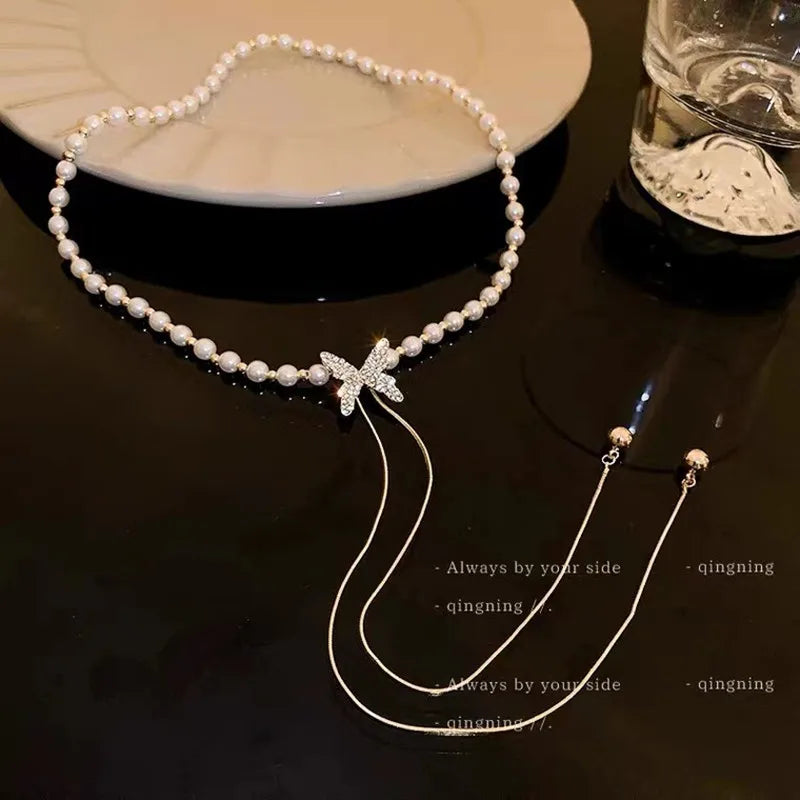 New Beads Women's Neck Chain Kpop Pearl Choker Necklace Gold Color Goth Chocker Jewelry On The Neck Pendant 2022 Collar For Girl