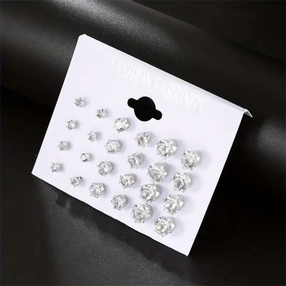 12 Pairs Set Stainless Steel Silver Color CZ Stud Earrings with Gemstone Buds Round Earrings Jewelry Accessories Unisex