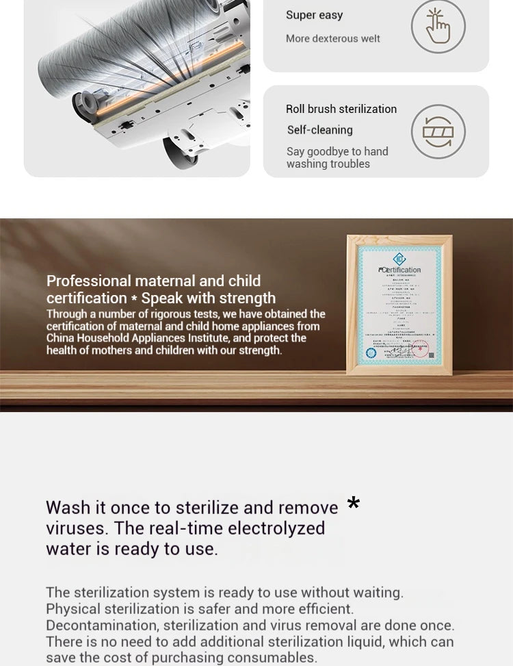 Xiaomi Mijia Cordless Wash Vacuum 2C, Electrolytic Water Sterilization, Anti-Tangle Brush for Pet Hair,Maternal-Infant Certified