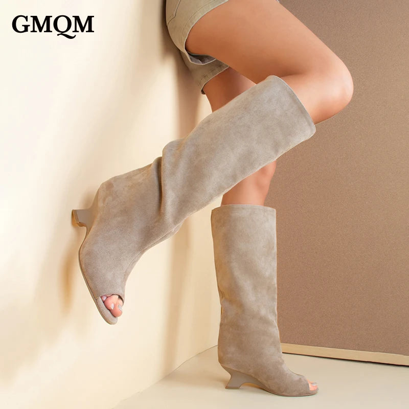 GMQM 2025 New Women’s Slouchy Knee High Boots Open Toe Wedge Heel Wide Calf Pull On For Winter Fall Fashion Casual Dress Tall