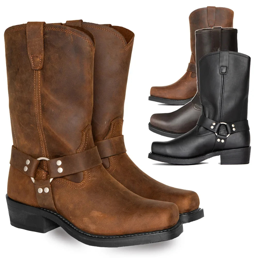 Retro Cowboy Mid Calf Western Pu Leather Man Slip on Shoes Winter Knight Booties Plus Size 39-48 Zapatos Hombre Chelsea Men