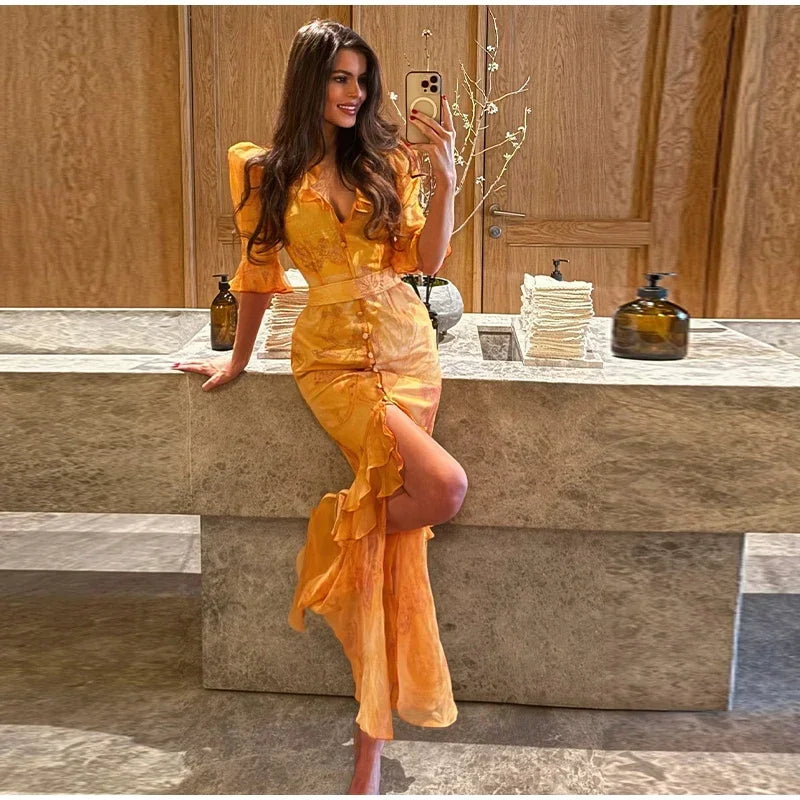 Fashion Organza Floral Printed Maxi Dress V-Neck Puff Sleeve 2026 Spring/Summer Romantic Women Party Gown Elegant Lady Vestido