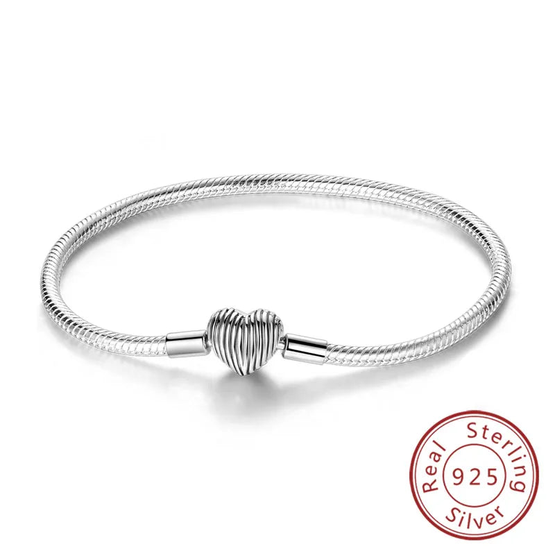 Bracelet Original 925 Sterling Silver Charm Bracelet 17-20CM Love Heart Pave Zirconia Bracelet for Women DIY Charm Jewelry Gifts