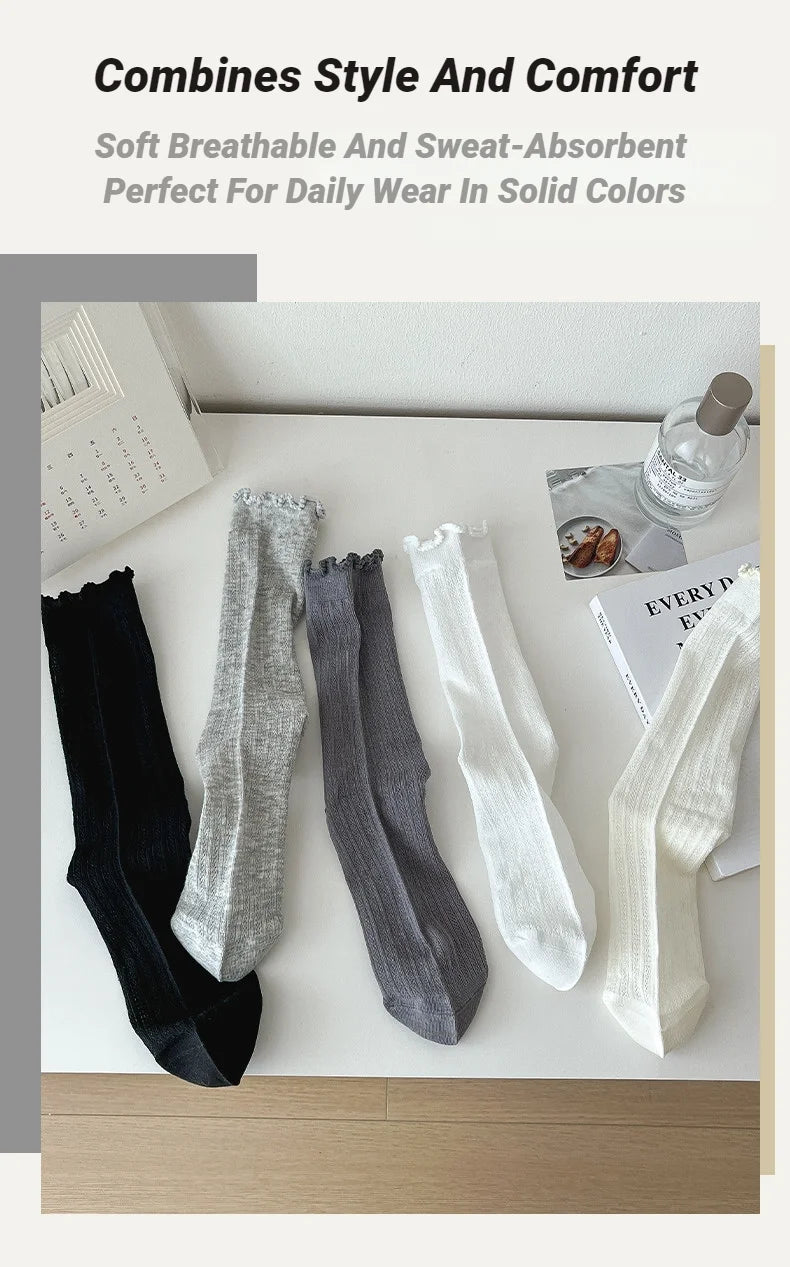 Women Solid Color Mesh Mid Tube Socks Spring Summer Thin Lightweight Breathable Wavy Edge Ballet Style Casual Hollo