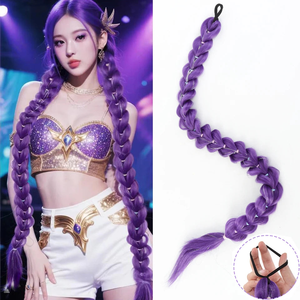 32inch Braided Purple Synthetic Ponytail with Tinsel Hair Wig Super Extensions Shiny Tinsel Hair for Kids Christmas Cosplay Hair