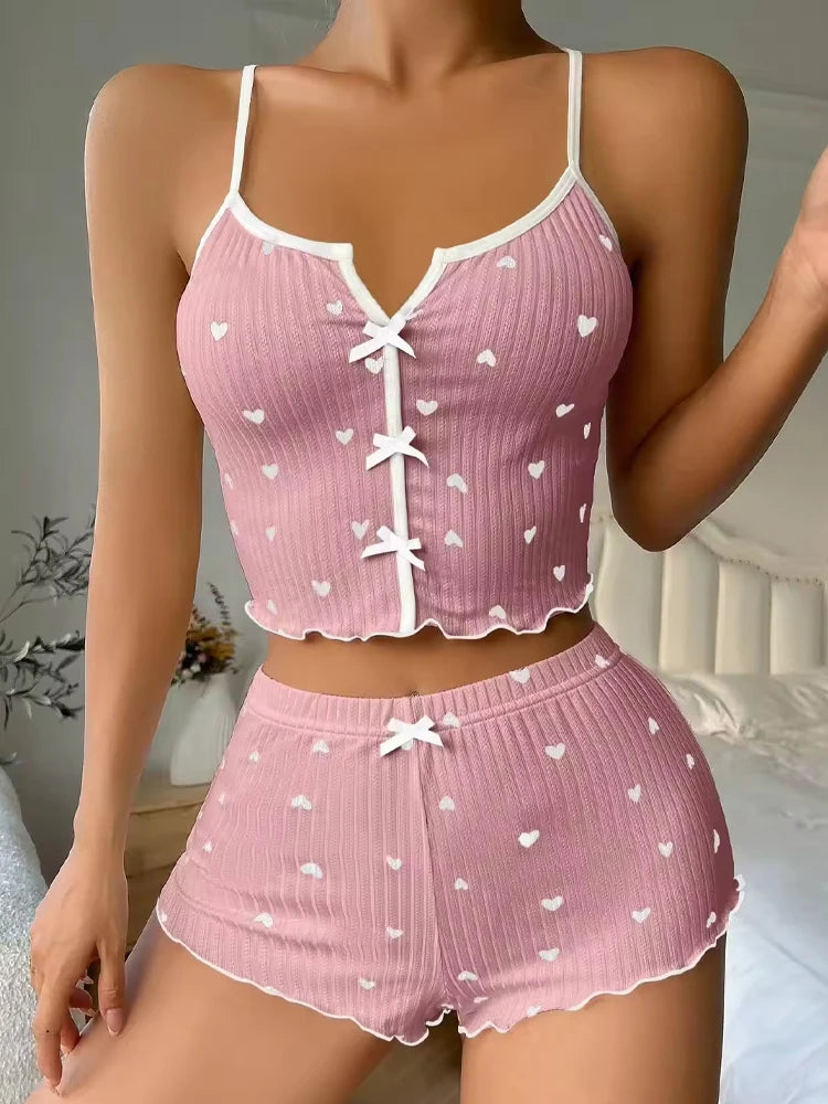 Sexy Sleepwear Women Pajamas Set Heart Print Silk Stain V-Neck Sleeveless Casual Cami Top and Shorts Sets Home Suit Loungewear