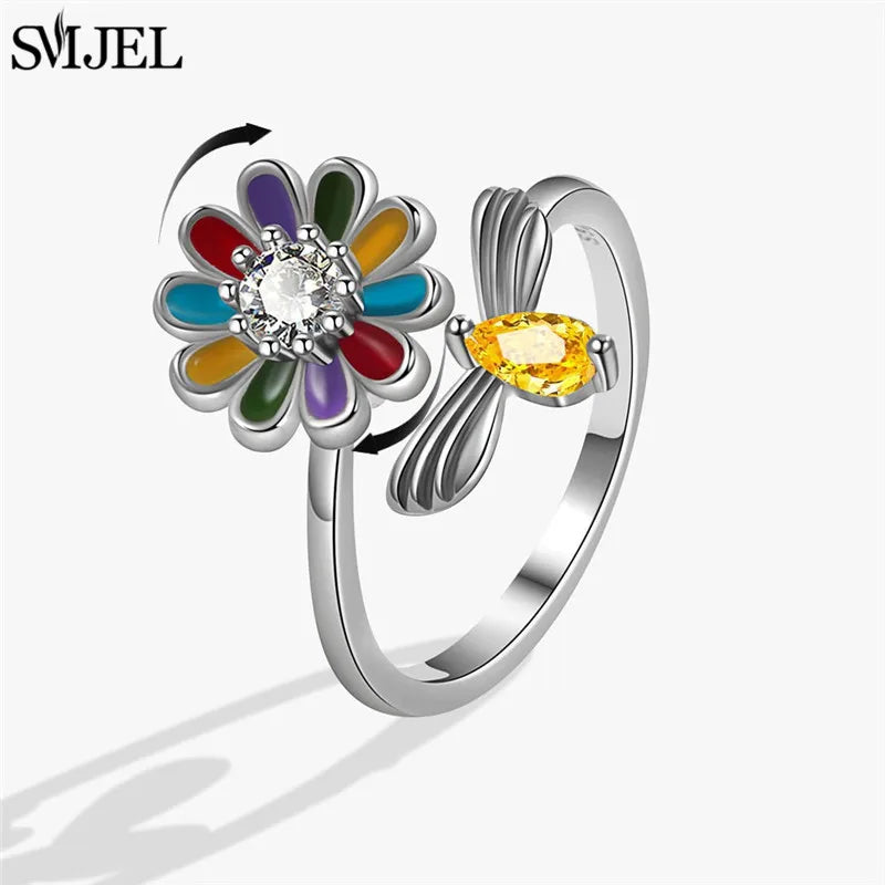 Ethnic Fashion Daisy Flower Anxiety Ring Adjustable Women Girls Worry Stress Relief Jewelry Spinning Fidget Rings Party Gifts