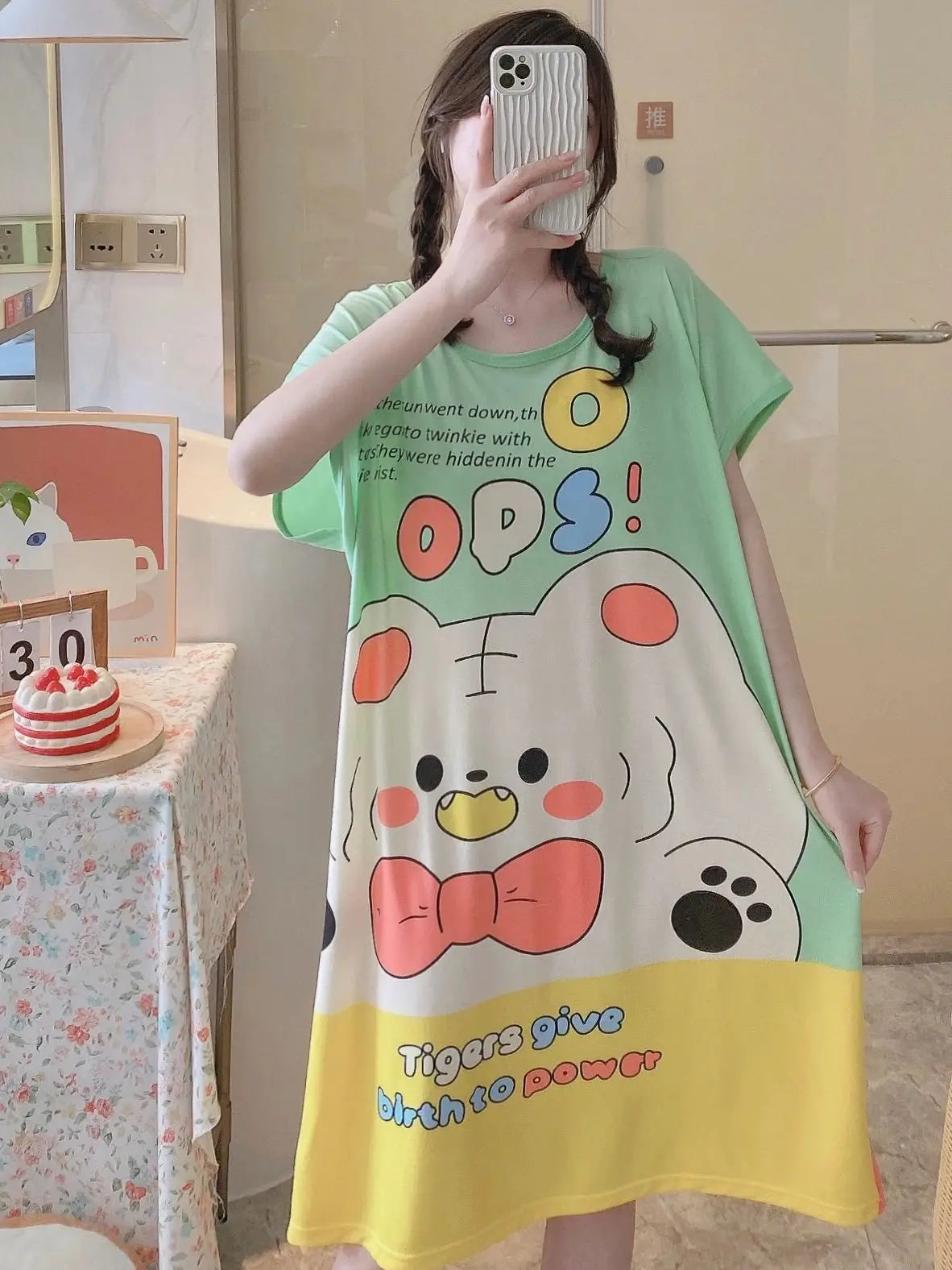 1PC, Summer And Autumn Cool Cute Girls Cartoon Nightdress, Comfortable Short-sleeved Dress, Women's Home Wear, Polyester Pajama