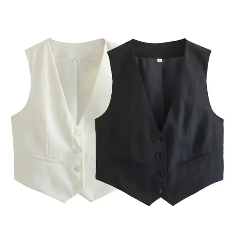 HH Women Fashion Solid Suit Vest Sleeveless Cropped Waistcoat Tops Vests Spring Summer Casual Office Lady Chic Tops