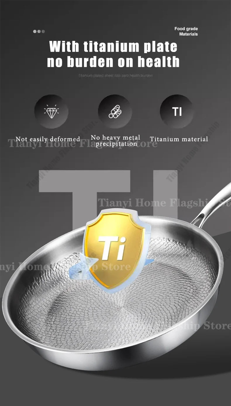 22/24/26/28/30cm Titanium Stainless Steel Frying Pan Non-stick Wok Home Egg Steak Skillet Induction Gas Stove Kitchen Cookware