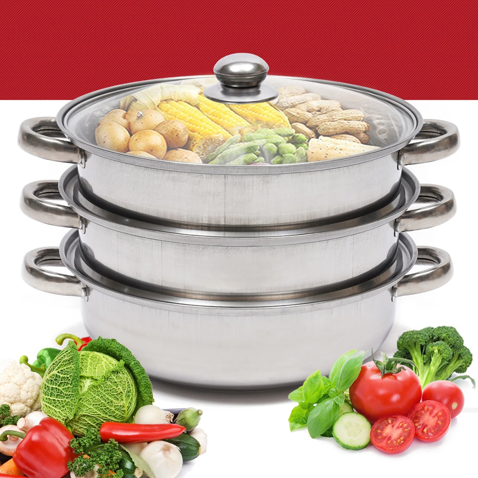 28CM Multi-Function 3 Tier Cook Food Veg Pot Large Stainless Steel Steam Cooker Steamer Kitchen