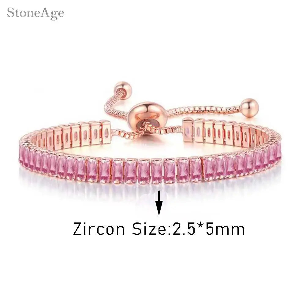 Pink Crystal Tennis Bracelets for Women Female Trend Romantic Shiny Zirconia Adjustable Folding Buckle Chain on Hand Jewelry