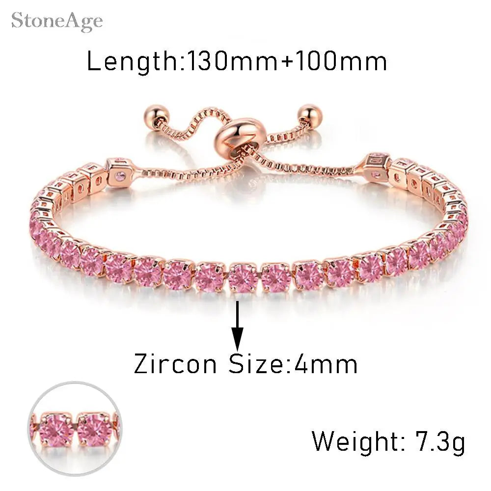 Pink Crystal Tennis Bracelets for Women Female Trend Romantic Shiny Zirconia Adjustable Folding Buckle Chain on Hand Jewelry
