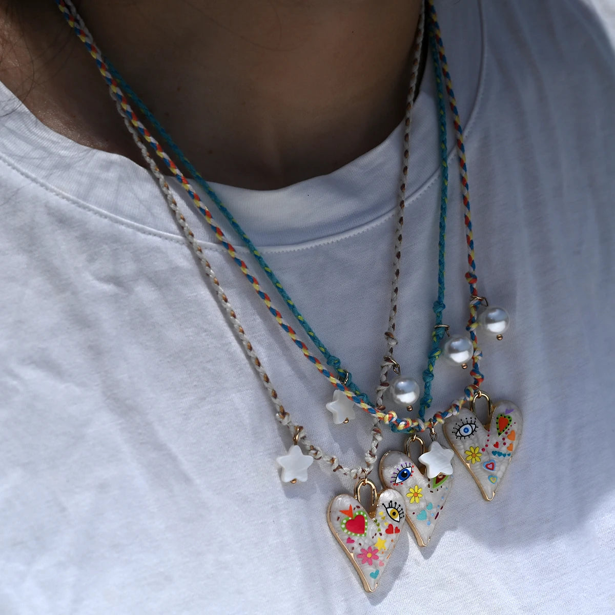 Handmade Knotted Rope Heart Pendant Necklace Fashion Sweater Chain Stackable Star Pearl Necklace for Women New Design Jewelry