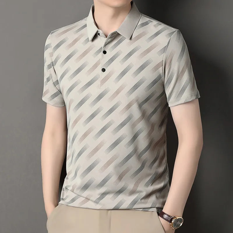 2026 New Men's Business Casual Short Sleeved Printed Polo Shirt Fashionable Breathable Comfortable and Versatile Top