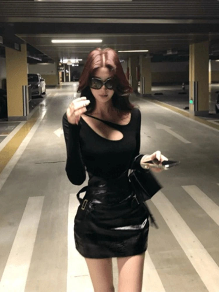 Fashion Retro Sexy 2 Piece Set Womem Slim Fit Long Sleeve Hollow Out Tops + Faux Leather Belted Mini Skirt Casual Elegant Outfit