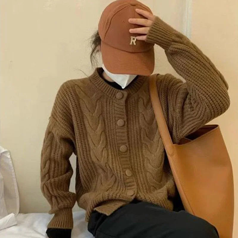 Autumn Twist Knitted Cardigan Womem Winter Thicken Warm O Neck Sweater Jacket Female Solid Button Up Long Sleeve Crop Knitwear