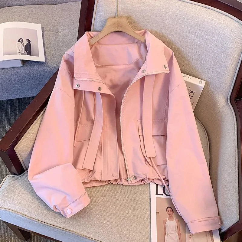 Short Hooded Jacket Women's Spring Autumn 2026 New Lady Loose Thin Work Jacket Top Solid Casual Student Zipper Outwear