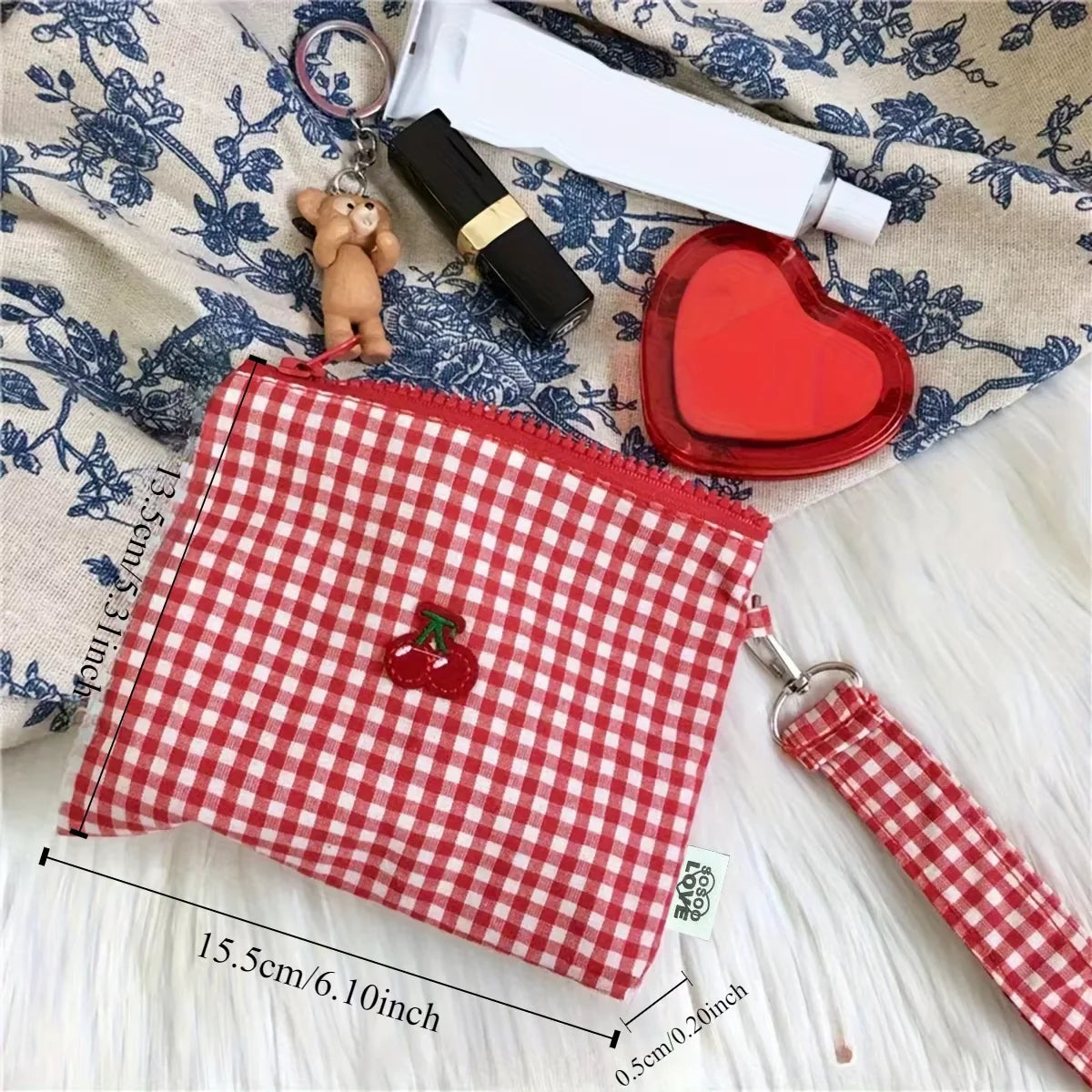 Red Cherry Canvas Makeup Bag, Portable and Easy to Carry. Red Plaid, Large Capacity Cosmetic Lipstick Storage Bag.