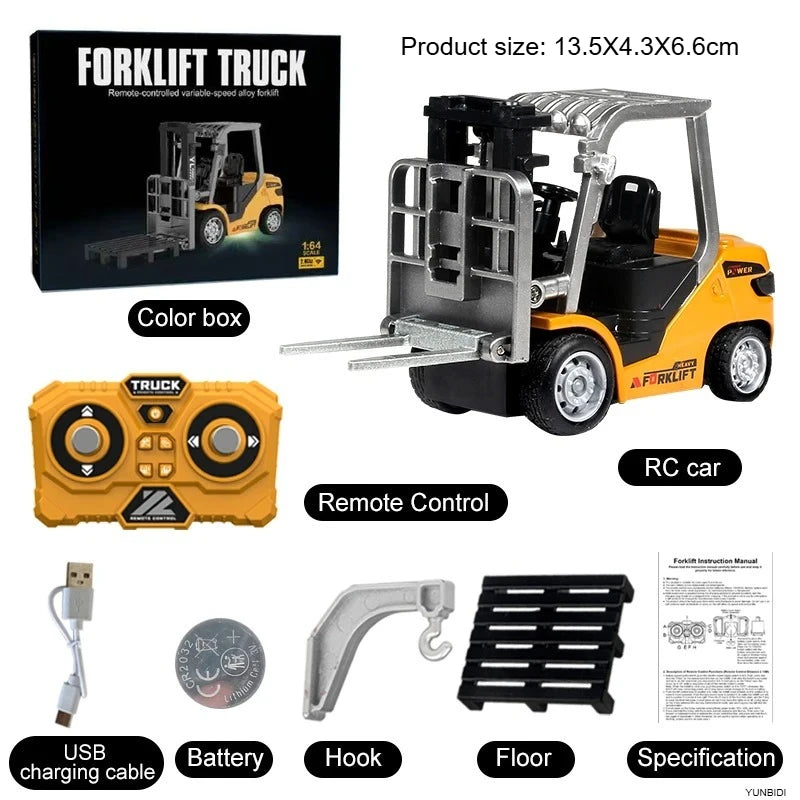 1:64 RC Mini Alloy Car Forklift with Trailer Excavator Desktop Game 2.4G Remote Control Engineering Lift Truck Child's Toy Gifts
