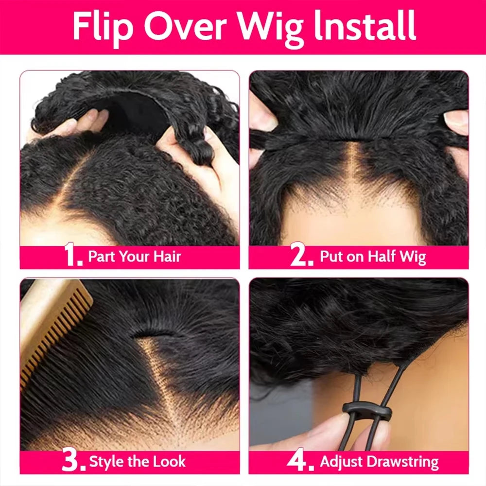 Burmese Curly Human Hair 3 IN 1 Half Wigs Glueless Wig Human Hair For Women Half Wig Drawstring Headband Wig Brazilian Hair