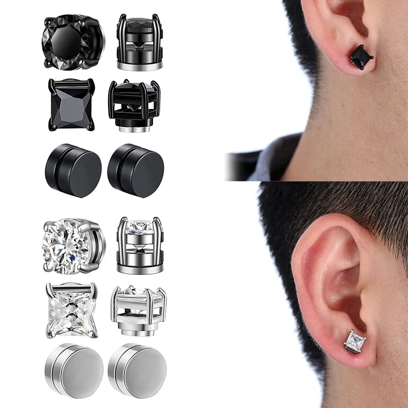 Crystal Strong Magnetic Ear Stud Clip Earrings for Men and Women Punk Round Zircon Magnet Earrings Non Piercing Jewelry
