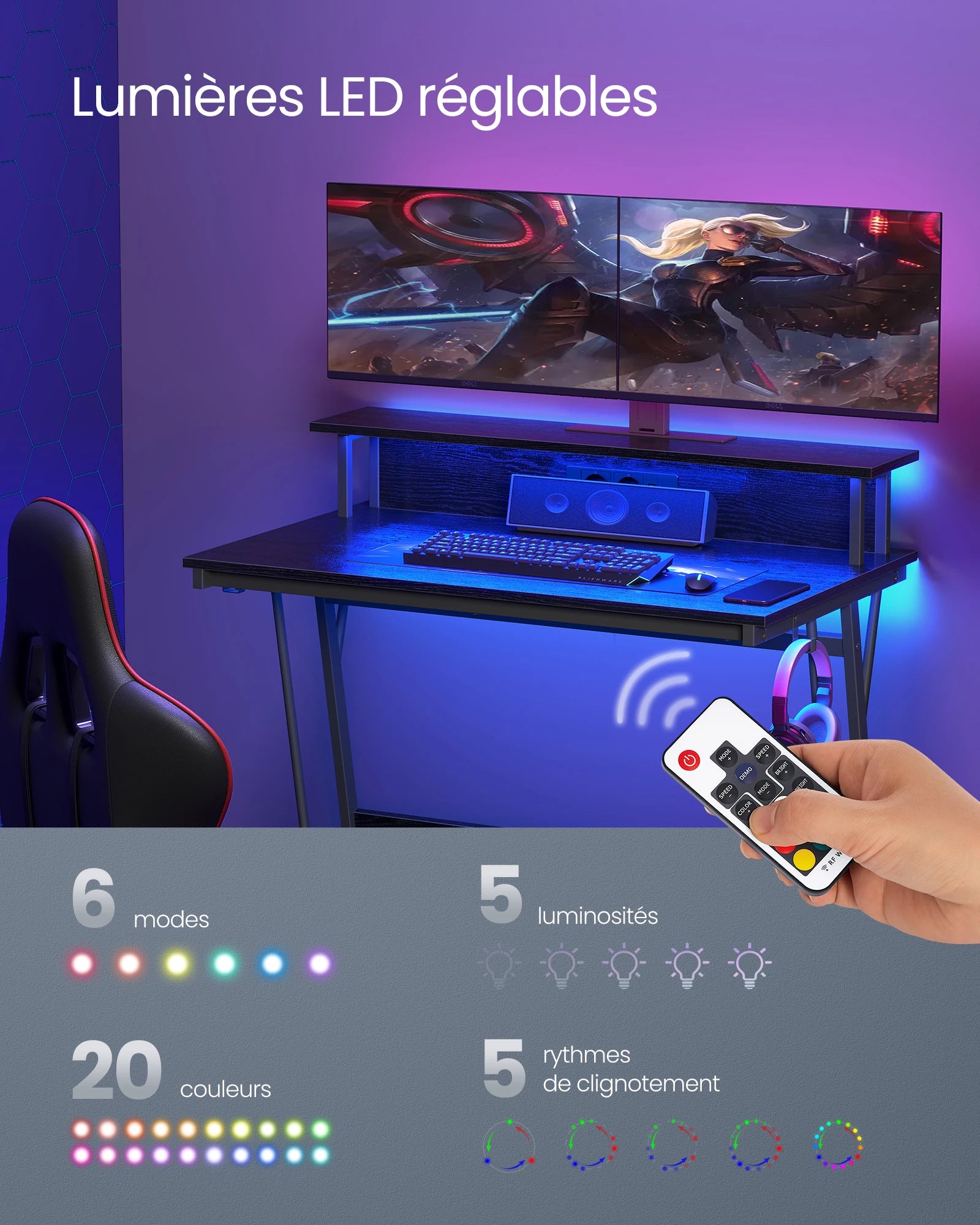 Gaming Desk with LED and Power Strip, with Monitor Riser, for 2 Computers, 100 x 60 x 76 cm, Wood Black