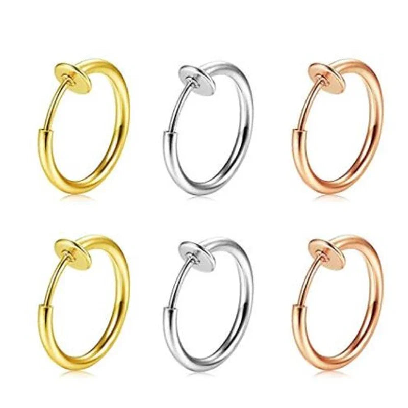 2-6Pc Fake Nose Ring retractable earrings Hoop Faux Lip Earrings Cartilage Septum Clip on Ear Lobe Helix Anti Conch Non Piercing