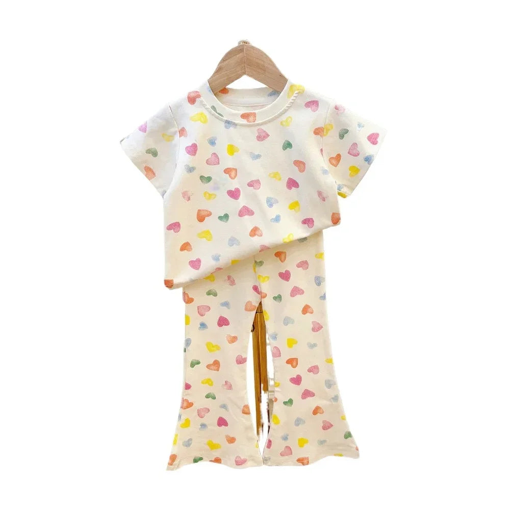 Girls Summer Colorful Printed Suit New Short Sleeved T-shirt + Trumpet Pants 2 Pcs Set Casual Clothes 2-7 Years