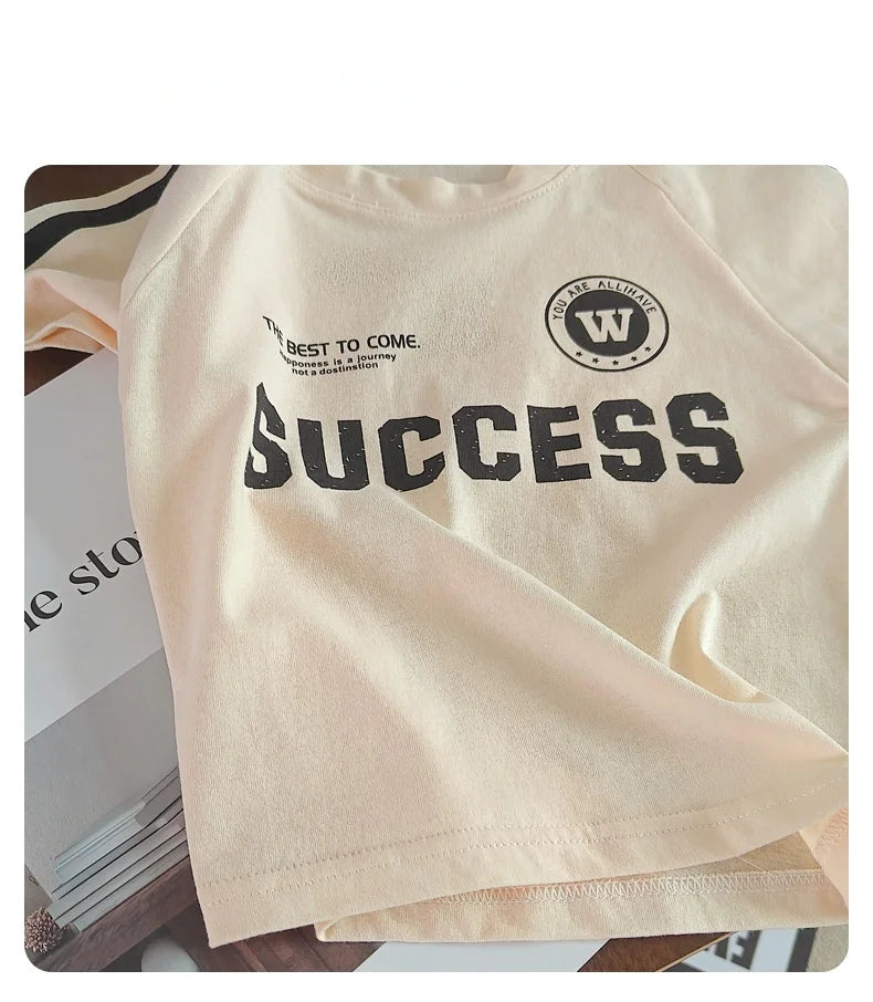 2026 New Summer Sporty Style Children Sets Letter Pattern Tee+Striped Shorts 2Pcs Clothes Short Sleeve Cotton Boys Girls Suit