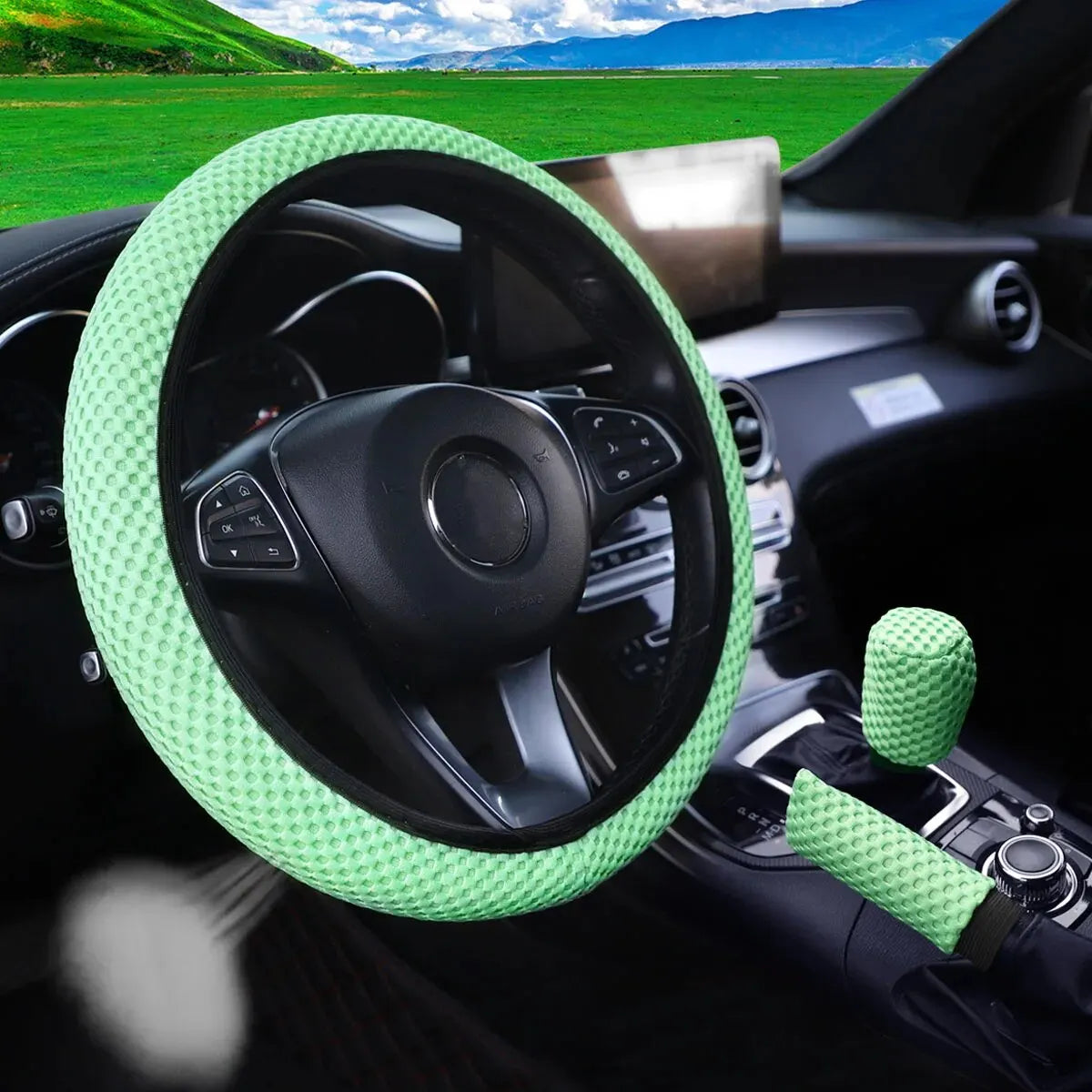 3 Car Massage Mesh Cloth Steering Wheel Cover Handbrake & Handle Cover Set Breathable No Inner Ring for 14.5-15 Inch Accessories