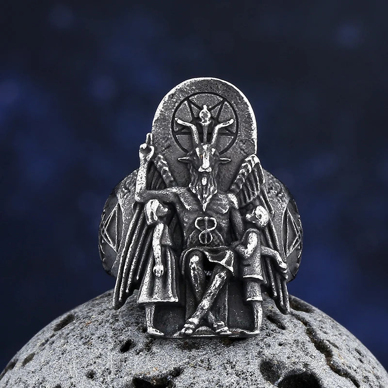 Vintage Gothic Lucifer Seal of Satan Signet Rings Punk Stainless Steel Seal Rings With Black Stone Pagan Jewelry Party Man Gift