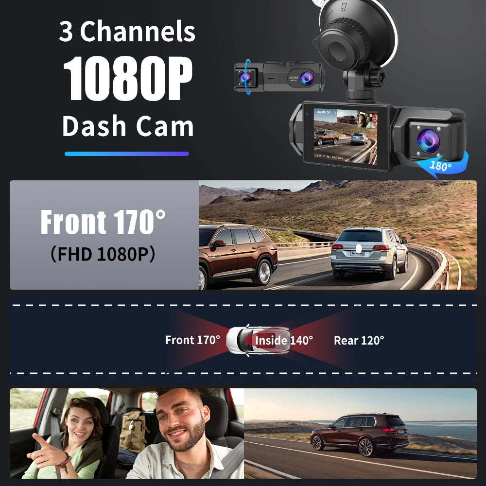 Dash Came For Cars 3 Channels FHD1080P Driving Recorder Car DVR Night Vision Loop Recording G-sensor Tachograph Dashboard Camera