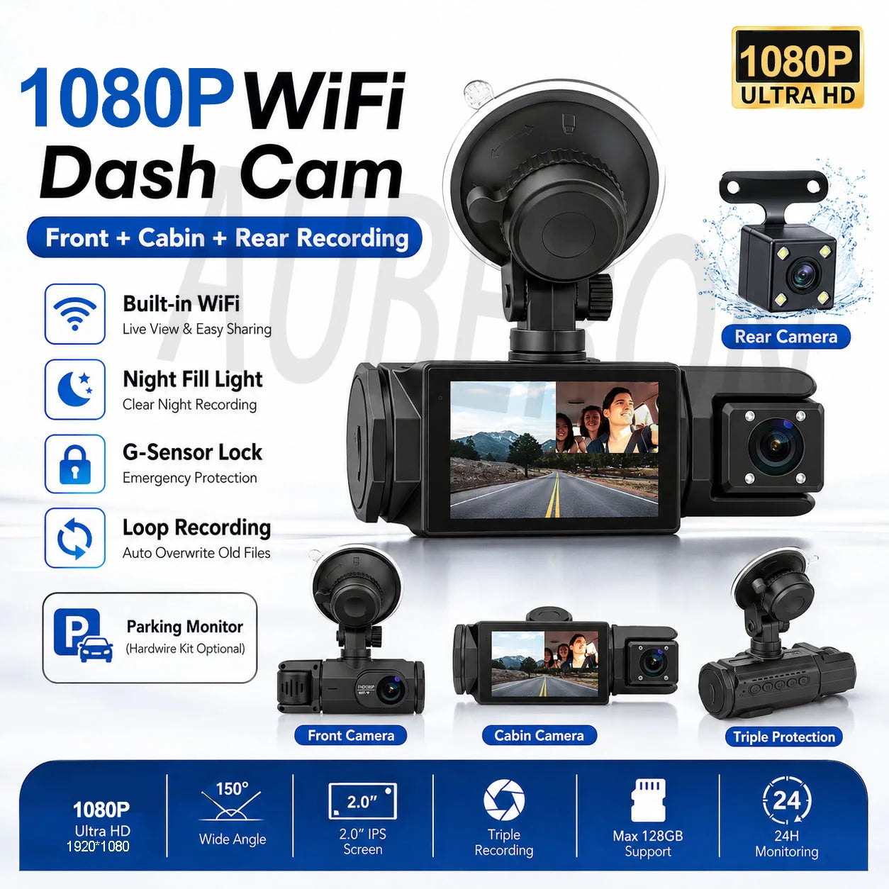 Dash Cam for Car 3 Channel Front Rear Camera 1080P WIFI Video Recorder Dashcam Car DVR Night Vision G-sensor Car Accessories