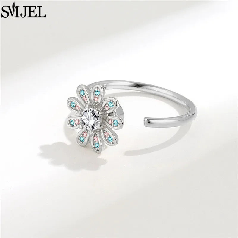 Ethnic Fashion Daisy Flower Anxiety Ring Adjustable Women Girls Worry Stress Relief Jewelry Spinning Fidget Rings Party Gifts
