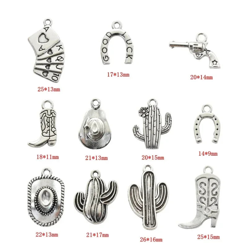 11pcs Mixed Antique Silver Western Cowboy Charms Alloy Boot Gun Hat Pendants For DIY Bracelet Earrings Necklace Jewelry Making