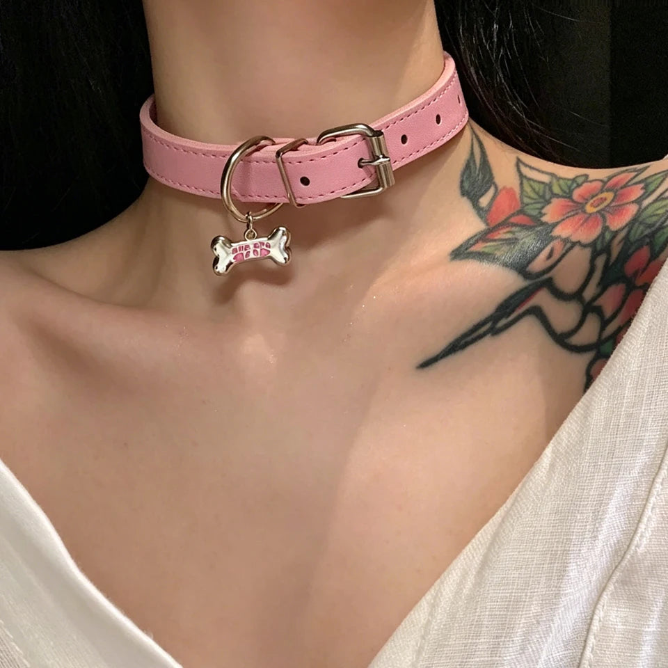 ZAKOL 1Pcs Y2K Sweet Cool PU Leather Collar Chain Punk Dog Claw Bone Charms Choker Necklace For Women Party Jewelry Gifts