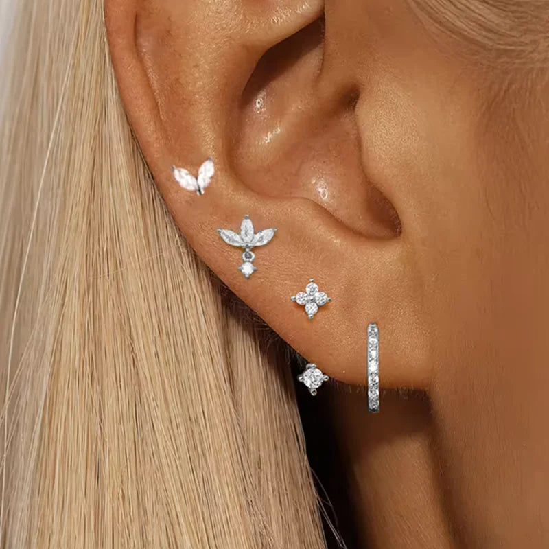 4PCS Zircon Heart Moon Flower Small Hoop Earrings Set For Women Stainless Steel Huggies Pendant Piercing Earrings Jewelry Aretes