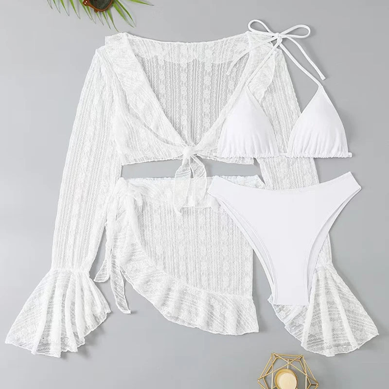 2026 Sexy Four-piece Women Swimsuit Long-sleeve Cover-up Swimwear Summer Solid Bikini Set Brazilian Beachwear Party bathing suit