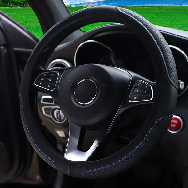Artificial Leather Three-dimensional Embossed-car without Inner Ring Steering Wheel Cover Auto Parts for 14.5-15 Inches